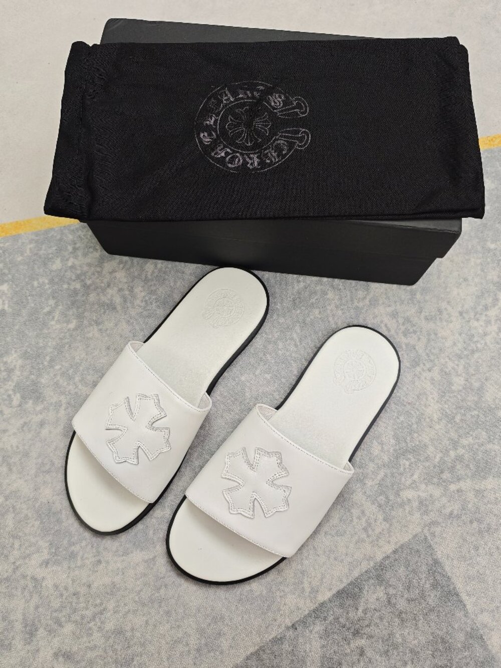 Chrome Hearts White Leather Plus Patch Slides, Cross Logo Sandals